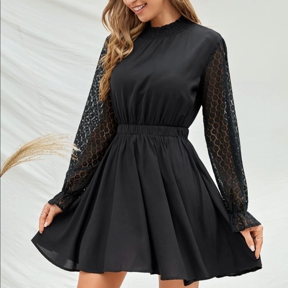 Lace Panel Shirred Neck Dress - Picture 1 of 4
